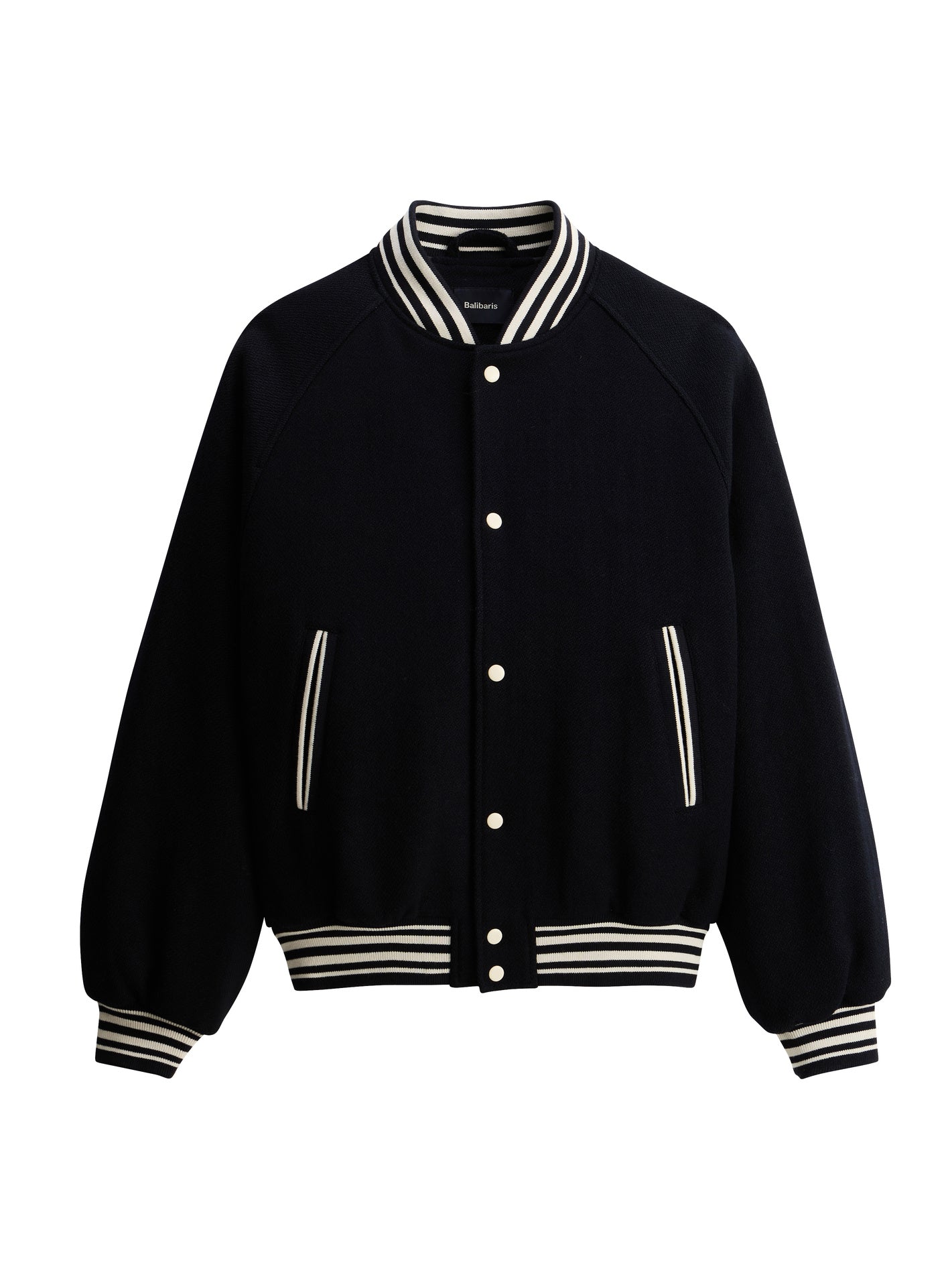 Blouson Eddy Navy – Blouson 50% laine 50% polyester bleu marine teddy inspiration vintage et manches raglans – packshot