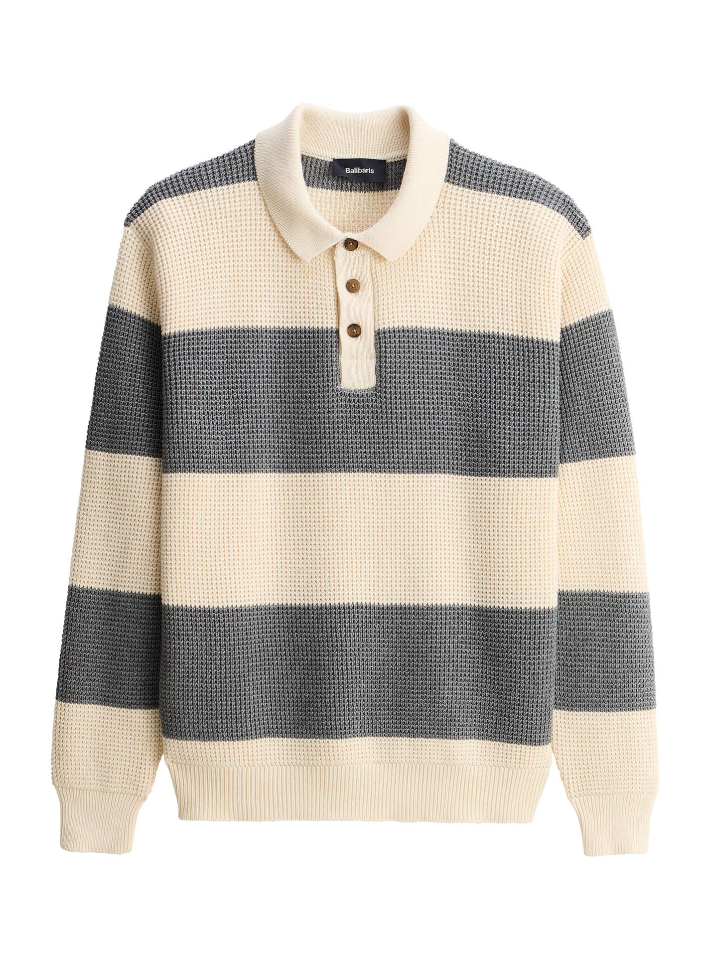 Pull Grant Grey/Ecru – Pull 70% coton 30% laine gris et écru avec col polo et rayures – packshot
