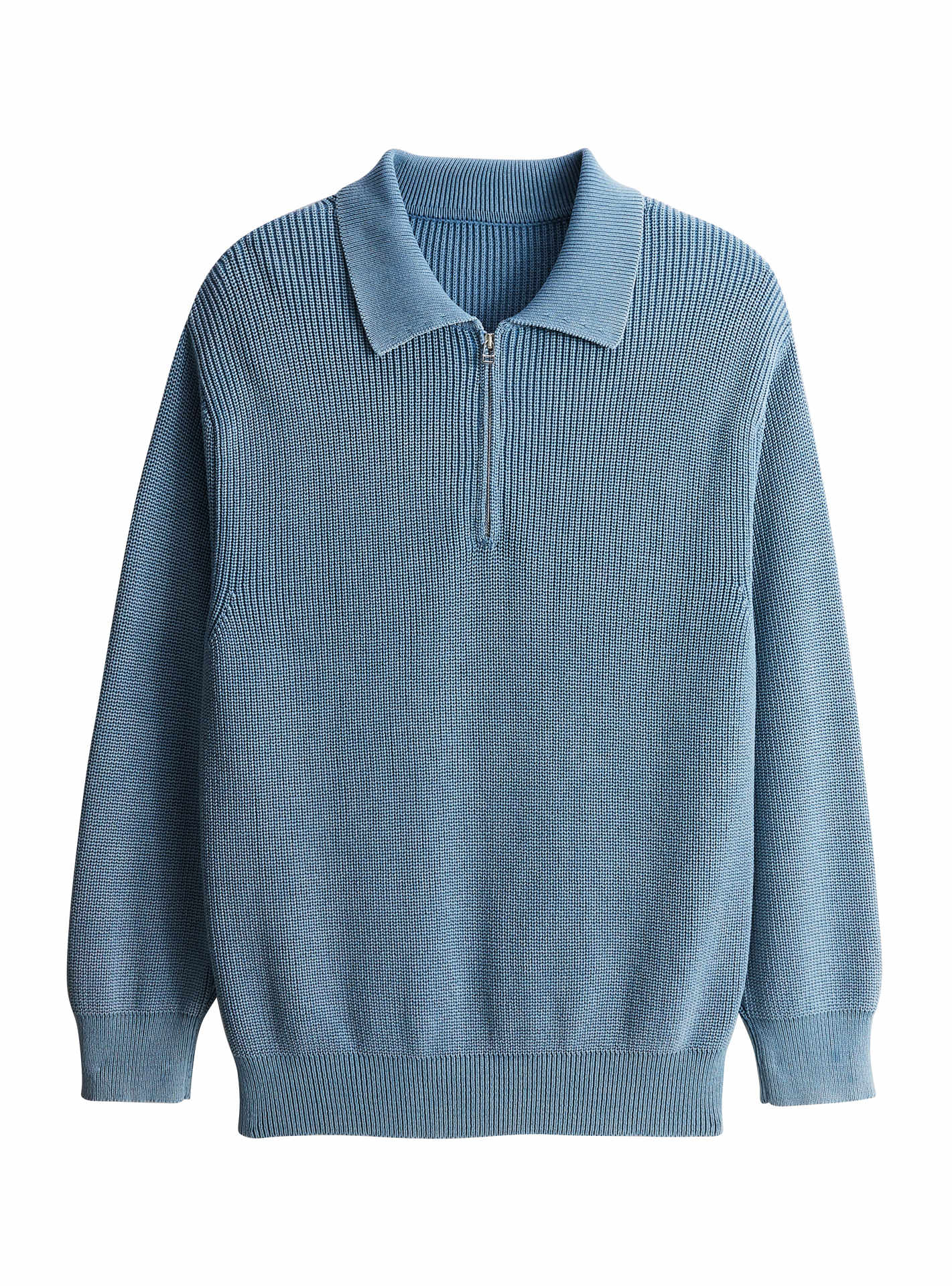 Pull Noro Océan - pull 100% coton bleu claire avec col zippé et détails de côtes anglaises - packshot