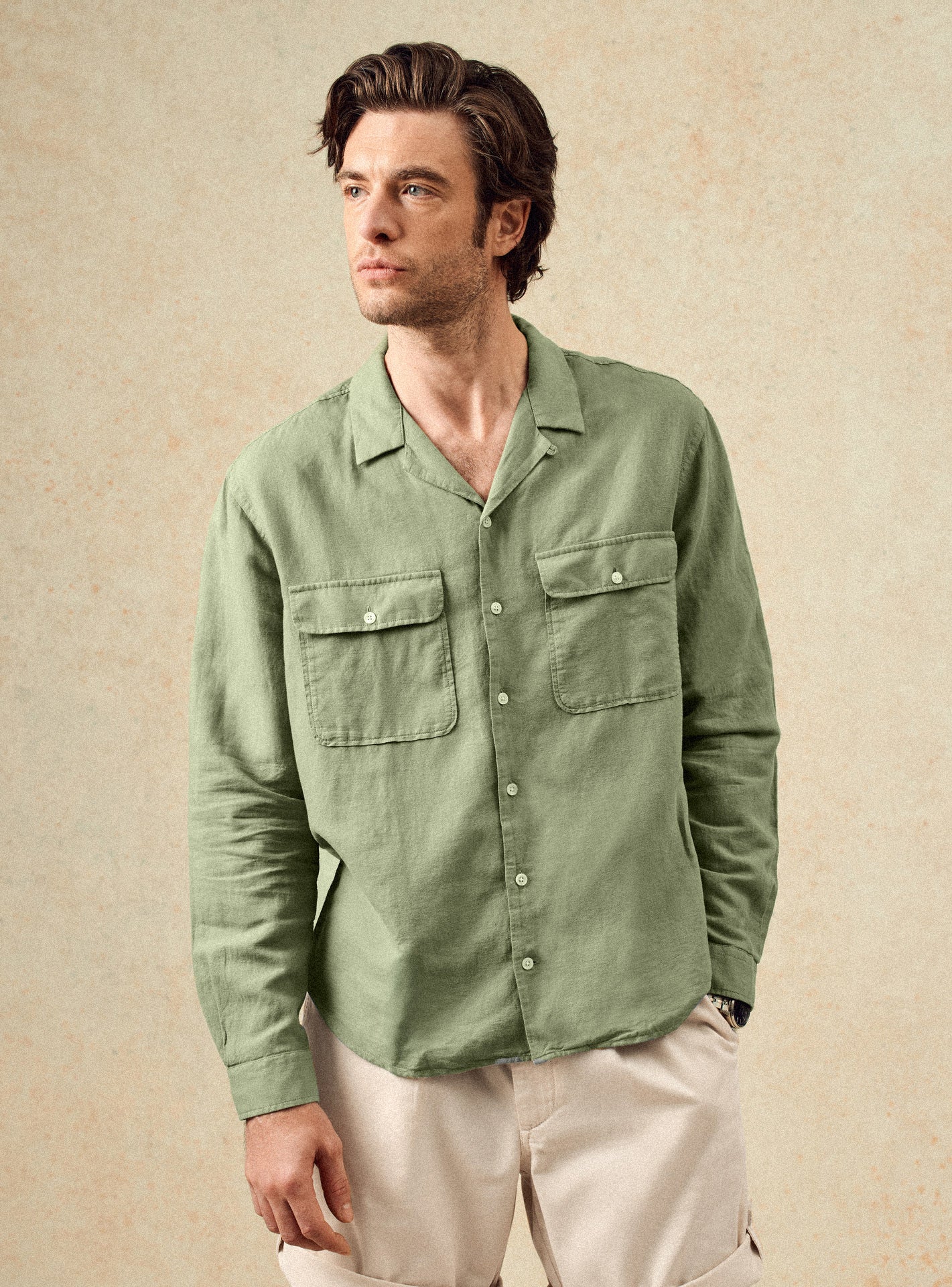 Chemise Ralph Lichen – Chemise 59% lin, 41% coton bleu vert avec coupe casual ample et col cubain – plan taille