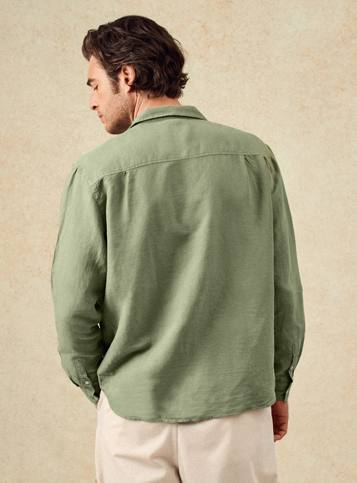 Chemise Ralph Lichen – Chemise 59% lin, 41% coton bleu vert avec coupe casual ample et col cubain – plan taille