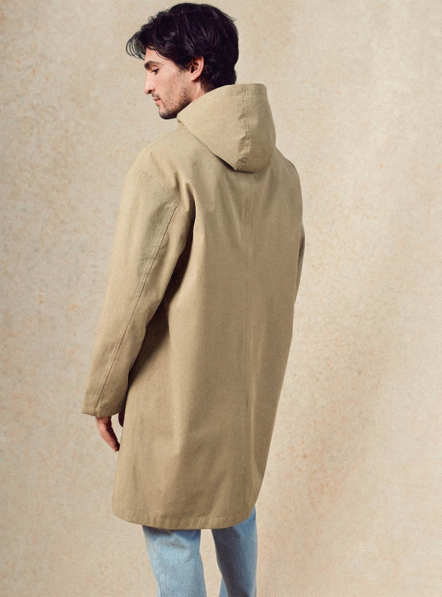 Imperméable Hadrien Osier – Imperméable 72% coton 27% nylon beige trench coat avec capuche et col chemise - plan taille 