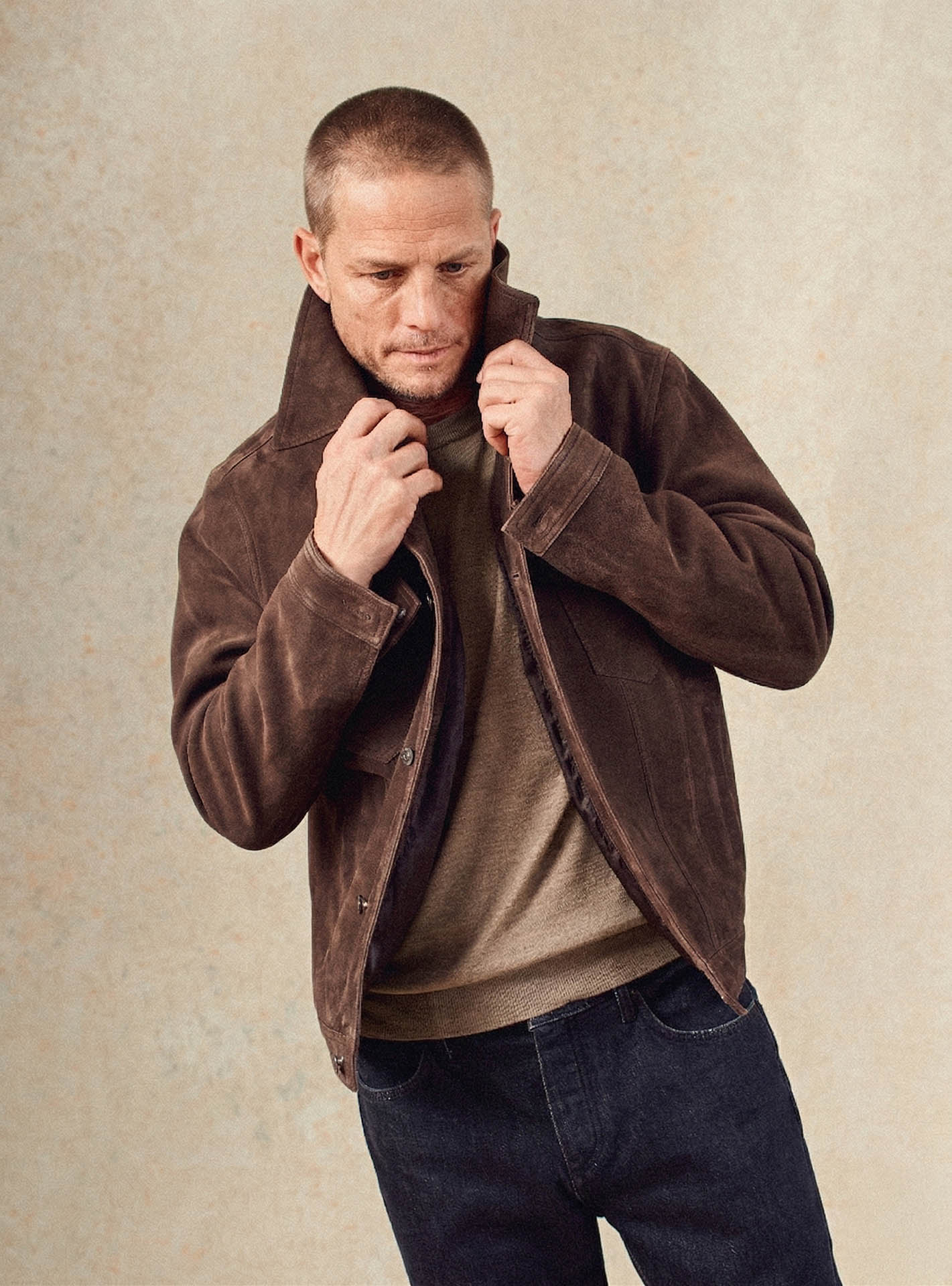 Pull Noliti Seigle – Pull 100% laine mérinos beige chiné avec maille fine et col rond – plan taille