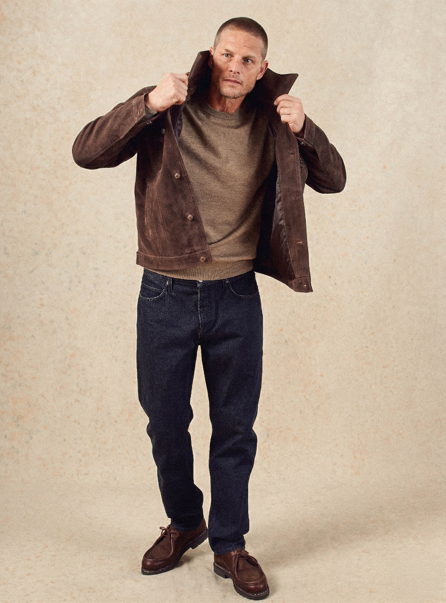 Pull Noliti Seigle – Pull 100% laine mérinos beige chiné avec maille fine et col rond – plan pied