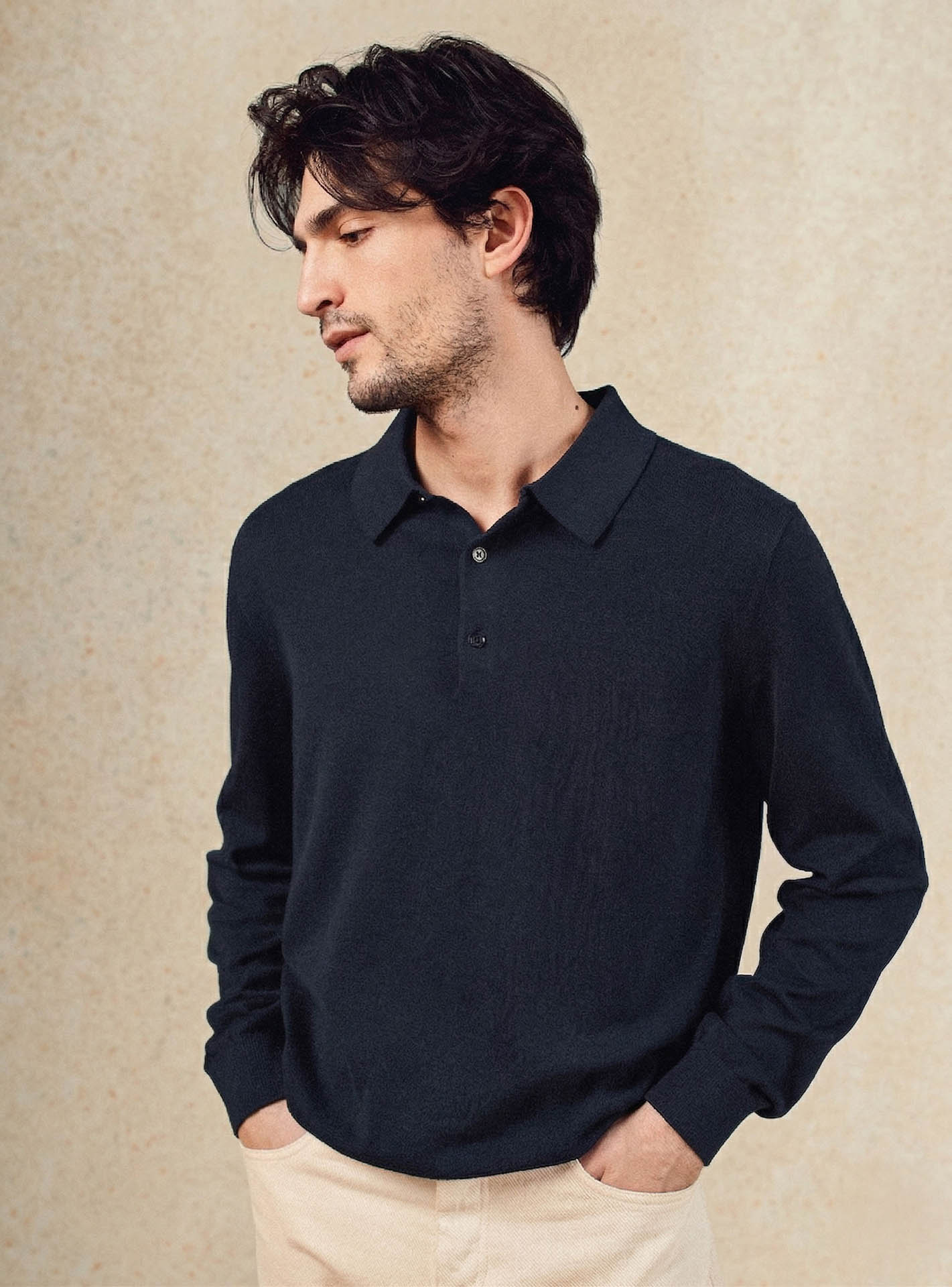 Pull Benjamin Navy –  Pull 100% coton bleu marine avec col polo  et maille fine – plan taille