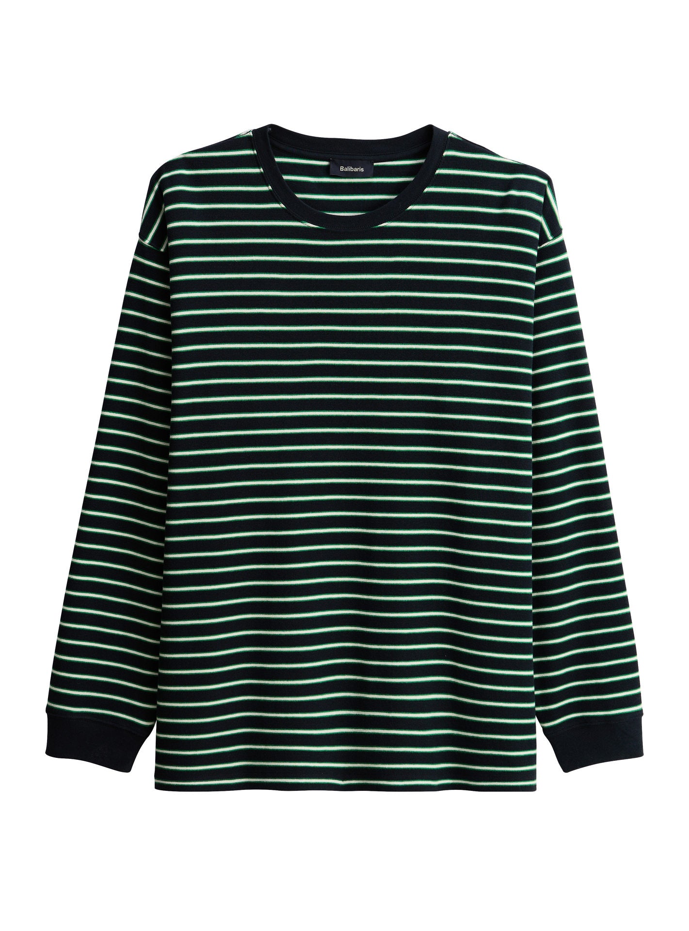 T-shirt Jacob Navy/Hills –  T-shirt 100% coton bleu marine, vert et blanc avec col rond, manches longues et coupe ample – packshot